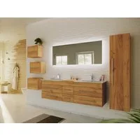 Magnolia Home Waschtisch Badmöbelset Roma XL 4-teilig LED-Spiegel Hochschrank 3er Boxen eiche g