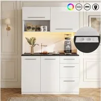 Flieks Küchenbuffet mit Steckdosen, LED-Beleuchtung und verstellbarer Einlegeböden (mit schwarzer Arbeitsplatte in Steintextur, 1-St., B120/T40/H180 cm) Hochschrank Küchenschrank Geschirrschrank mit Ladefunktion Weiß