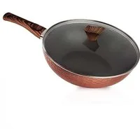 KVOTA Wok Pfanne abnehmbarer Holzoptik-Griff Deckel Ø32cm Antihaft Groß 4,7L, Aluminium, Außenseite mit temperaturbeständiger Beschichtung