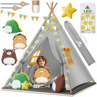 KIDIZ Spielzelt Tipi Zelt für Kinder aus Baumwolle 100x100x160cm Kinderzelt (LED-Lichterkette, Leuchtstern, Girlande, 3 Plüschtiere, Matte & Tasche) Spielhaus für drinnen & draußen Tipizelt