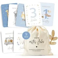 MeinBaby123® Geburtskarte 50 Meilensteinkarten "Dein erstes Jahr" zum Ausfüllen, inkl. Baumwollsäckchen, Geschenk zur Geburt, Meilensteinkarten Baby