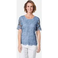 GOLDNER Kurzarmbluse Festbluse mit floraler Spitze Blusenshirt mit Rundhals, rückseitigem Knopfverschluss und Kurzarm