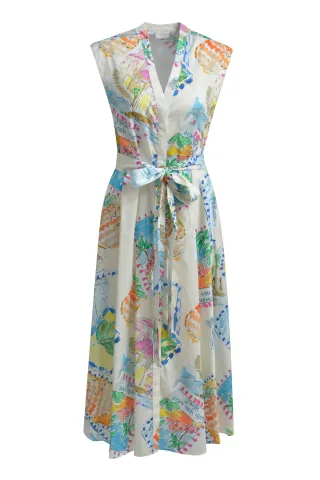Milano Italy - sleeveless midi dress, v-neck, shellfabricbelt offwhite print - Gr. - 42