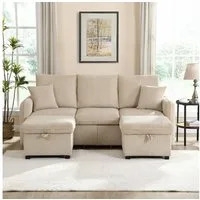 Ulife Ecksofa mit Schlaffunktion U-Form-Dreisitzer Polster-Sofa,Wohnzimmer, modular zerlegbares Sofa-Set 3 Teile, Inklusive Schubladen + Hocker mit Staufach