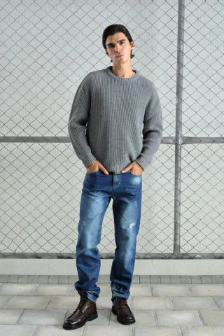 Dicker Rippstrick Pullover mit Rundhalsausschnitt