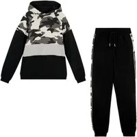 bonprix Langarmshirt & Hose Sweatshirt & Jogginghose (Set, 2-tlg) mit Tarn-Print, Colorblocking-Einsätzen und mit bequemen Rippbündchen