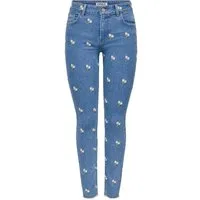 ONLY Skinny-fit-Jeans ONLHUSH MW EMB RW ANK SKINNY DNM Baumwollmischung, slim fit, Allover Stickerei, offener Saum