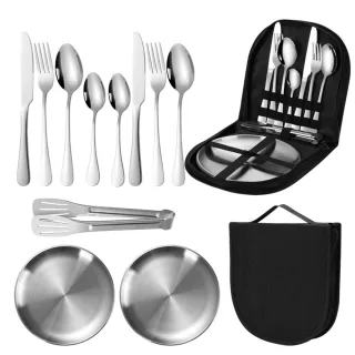 IPRee 11pcs Stainless Steel Flatware Set for Camping, Hiking & Outdoor Dining - Polished Finish Portable Cutlery Kit wit