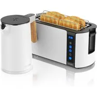 Arendo Frühstücks-Set Edelstahl Wasserkocher 1,5l, 4-Scheiben Langschlitz Toaster, weiß (2-tlg), Wasserkocher mit Temperatureinstellung, Toaster Brötchenaufsatz, Touch