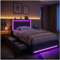 PXloue Polsterbett LED Doppelbett 140x200cm mit Ladefunktion und 4 Schubladen Polsterbett (Geeignet für Jugendliche und Erwachsene), Stauraumbett, mit RGB-LED, Lattenrost und praktischen Schubladen