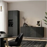 Lomadox Wohnzimmer-Set NADOR-132, (Mega-Spar-Set, 2-St., Sideboard Vitrine), matt schwarz, goldfarbenen Metallgriffen und -füßen, Front Rillenoptik