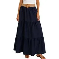 Mississhop Maxirock Damen Maxirock mit Stufen und elastischem Bund – A-Linie Rock mit Gürt
