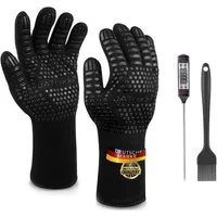 JATrade Grillhandschuhe hitzebeständig mit Grillthermometer & Marinierpinsel Grill Dutch Oven, (1 Paar Grillhandschuhe, 1 Grillthermometer, 1 Marinierpinsel), Ideal auch für Backofen, Kamin, Smoker und als Geschenk!