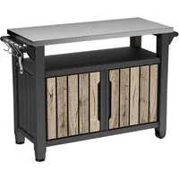 Keter Grillablagetisch UNITY XL in Holzoptik Pinie, aus Kunststoff mit Edelstahlplatte (mit Küchenrollenhalterung, Aufhängungen), abschließbar, UV- und witterungsbeständig