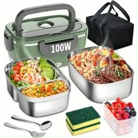 AKKEE Elektrische Lunchbox 100W, 3-In-1 tragbare beheizte Lunchbox, 2 x 1,5L Edelstahl set, Großes Fassungsvermögen mit Tragetasche und Reinigungstuch