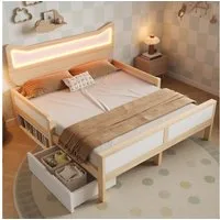 Flieks Kinderbett flexible Schublade & Staufach links/rechts montierbar, Massivholzbett 140×200 cm mit Katzenohren Kopfteil und LED‑Beleuchtung