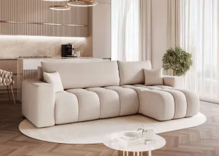 Ecksofa Schlafsofa Sofa ANABEL in Stoff Centaur Creme Ottomane Rechts