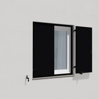 Fensterläden Schwarz, Klappläden mit Montagerahmen Lamellen Leipzig, RAL 9005 matt, 800 x 800 mm, 2-flügelig mit Schlagleiste, online nach Wunsch konfigurieren