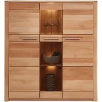 Innostyle Highboard NATURE ONE, Kernbuche teilmassiv, 2 Holztüren, 1 Glastür, Soft-Close, LED-Beleuchtung, B 127 x H 137 x T 40 cm