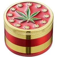 CHAMP HIGH Kräutermühle GRINDER "Hanfblatt" 52mm 4-teilig aus Metall Crusher Sieb 27 (Rot) manuell, Gewürz Tabak Kräuter Mühle