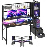 HOMALL Gamingtisch Gaming Schreibtisch mit USB-Steckdose & RGB LED (mit Monitorständer & Vitrine, mit 2 Schubladen, Ergonomischer Computertisch mit Stromleiste, 120/140cm Schreibtisch für Gaming & Homeoffice, Schwarz)