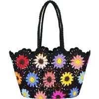 FURNARO Tragetasche, gehäkelte Tasche in schwarz mit Blumen aus Baumwolle 45x30x20cm