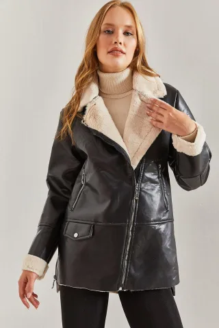 Kunstleder-Jacke mit Reißverschluss und Kunstfellbesatz