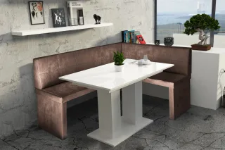 Eckbankgruppe 196x142 cm ROBIN XL L Vin..Braun / Esstisch DANTE Weiss