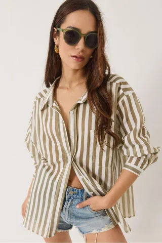 Oversized Gestreiftes Popeline-Shirt mit Taschen-Details