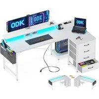 ODK Eckschreibtisch mit 4 Schubladen, Schreibtisch mit Steckdosen & USB Ladeanschluss, Weiß, 160x80x86cm