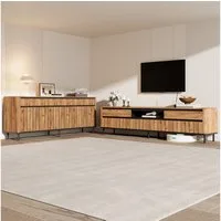KLAM HOME Wohnwand Möbelset Sideboard + TV-Schrank Eichenoptik für 75-Zoll-Fernseher, (Kombiniertes Wohnzimmer-Set mit Lamellenfront & abgerundeten Kanten), MDF-Set mit Stauraum, leisen Scharnieren & 30kg Belastbarkeit