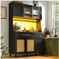 Flieks Küchenbuffet mit LED-Beleuchtung, Schubladen, Glas-&Rattan-Schiebetüren (1-St., B120/T45/H195,5 cm) Hochschrank Küchenschrank Geschirrschrank mit verstellbare Ablagen