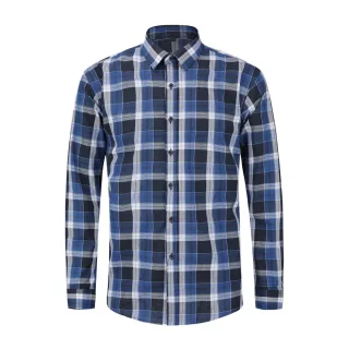 Herren Einfarbig Revers Langarm Hemd Plaid Dunkelblau
