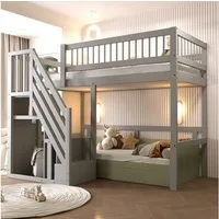 Flieks Hochbett Massivholz Einzelbett Kinderbett 90x200cm mit Stauraumtreppe