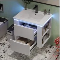 Flieks Waschtisch Waschbeckenunterschrank mit LED-Radarsensor inkl. Waschbecken (wandhängend, Badezimmerschrank Volllackierung, 1-St., B61/T46/H50 cm), Badmöbel-Set Badschrank mit 2 Schubladen und Ablagen Waschplatz Weiß