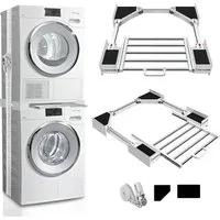 Refined Living Waschmaschinenuntergestell Zwischenbaurahmen Universal Verbindungsrahmen Waschmaschine Trockner, Zubehör für Zwischenbausatz Stapelrahmen Ausziehbarem Handtuchhalter Stahl Weiß, Ausziehbarer Ständer für eine Breite von 45–66cm Waschmas