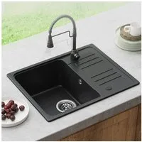 HOROW Granitspüle Granit Spüle in Schwarz 1 Becken Einbauspüle in 57 x 45 cm, 57/45 cm, mit Siphon Ab- und Überlaufgarnitur
