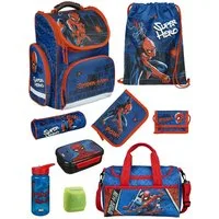 Familando Schulranzen SPIDER-MAN Schultasche ab der 1. Klasse, Blau (Set, 9-tlg., inkl. Brotdose, Trinkflasche und Sporttasche), ergonomisch, 930 Gramm leicht, 15L Volumen