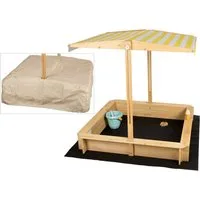 needs&wants® Sandkasten mit Dach Abdeckung Boden Bänken Vlies-Folie Sandkiste Holz rechteckig, mit Deckel Sandbox Sandkiste quadratisch Kinder, gelb weiß braun