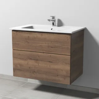 Sanipa 3way Keramik-Set Venticello Keramik-Waschtisch und Unterbau mit 2 Auszügen, Eiche-Tabak SM32350