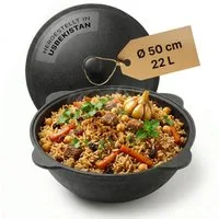 BIG-PAN Wok Gusseisen Kazan 22L mit Deckel Feuertopf für Camping Grill Dutch Oven, (Asia Kessel Feuertopf, Campingtopf NAMANGAN), Cast Iron Usbek Asia Topf