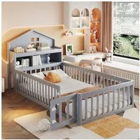 Merax Kinderbett 90x200cm mit Tür, Regal und Kreidetafel (1-tlg), Bodenbett mit Lattenrost und Stauraum,Massivholz Hausbett Jugendbett