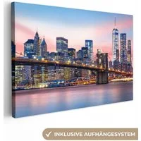 OneMillionCanvasses® Leinwandbild New York - Brooklyn-Brücke - Beleuchtung, Fotodruck (1 St), Leinwand Bilder Klein, Wand Dekoration Aesthetic 30x20 cm