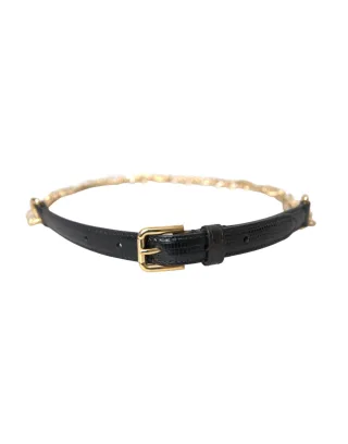 Dolce & Gabbana Schwarzer Leder-Goldkette Kristall-Taillengürtel für Frauen