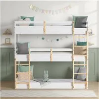 Homestyle4u Etagenbett 90x200 Hochbett Kinderbett Weiß Natur 3 Kinder Doppelstockbett Treppe (Set, mit Bettkasten/Schublade, Lattenrost, 3 Liegeflächen, 2 Leitern), mit 3 Liegeflächen