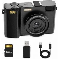 Tekoo Digitalkamera 5K 64MP, Vlogging Kamera, inkl. 64GB Micro-SD, Schwarz Kompaktkamera (Hinteres Hauptobjektiv, Vorderes Selfie-Objektiv, 64 MP, 1x opt. Zoom, WLAN (WiFi), inkl. Inklusive 64GB Micro-SD-Karte, USB-C Kabel und Kartenleser, WiFi-Konne