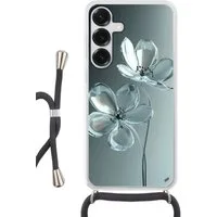 MuchoWow Handyhülle für Samsung Galaxy S25 Kristall - Blumen - Grau, Tragbare Handyhüllen mit Kette zum umhängen, Handykette Handyband