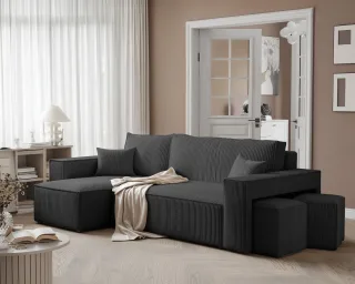 Ecksofa Schlafsofa Sofa ADARA inkl. Hocker Stoff Poso Schwarz Ottomane Links
