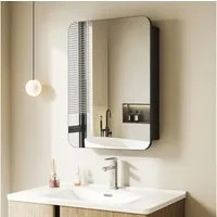 Hopibath Badezimmerspiegelschrank Alu Spiegelschrank Schwarz 2türig 80x60cm 1 türig 50x70 40x60cm (Rechteckig Eckig Wandschrank Badezimmer Badschrank, Doppel Spiegel) Verstellbare Glasboden, Wandbohrungen