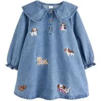 Next Jeanskleid Kleid mit aufgesticktem Hunde-Motiv und Kragen (1-tlg)